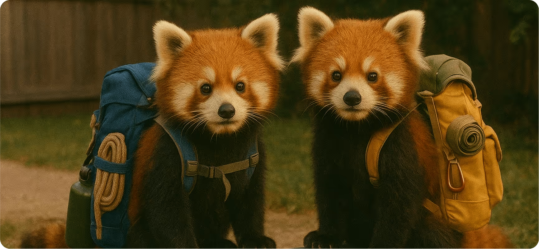 Two red pandas with backpacks ready for adventure in nature